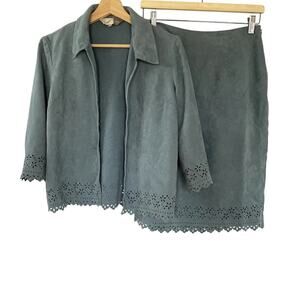 Vintage Miss K Key Wear suede blue green aqua jacket and skirt set women's L
